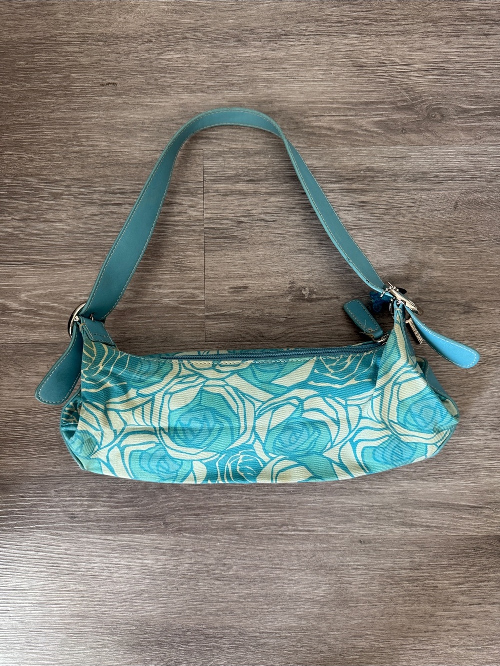 Fossil Teal Rose-Print Shoulder Bag with Silver Hardware and Charms - Picture 5 of 12
